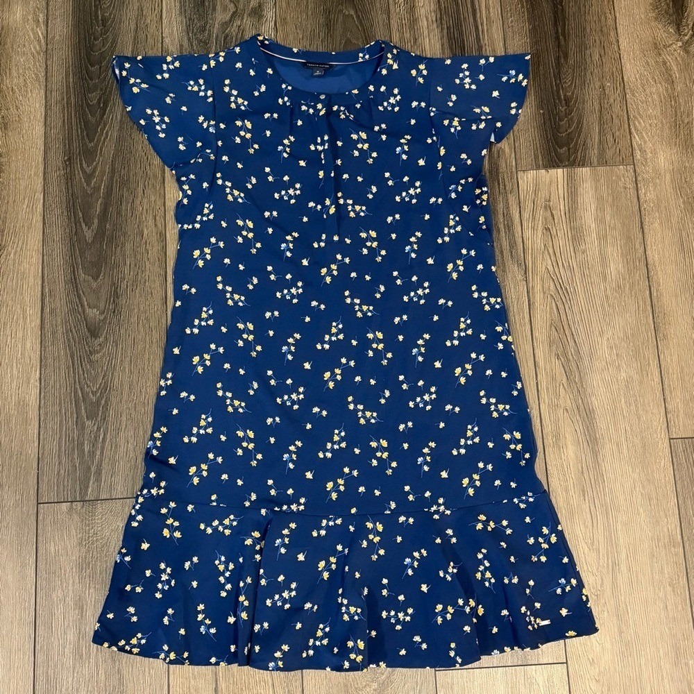 Tommy Hilfiger Floral Flutter Sleeve Ruffle Hem Shift Dress Navy Blue M Preppy - Picture 5 of 16